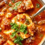 A steaming bowl of lasagna soup garnished with fresh basil, melted cheese, and a sprinkle of grated Parmesan, surrounded by layers of pasta, vegetables, and broth, with a rustic wooden table background.