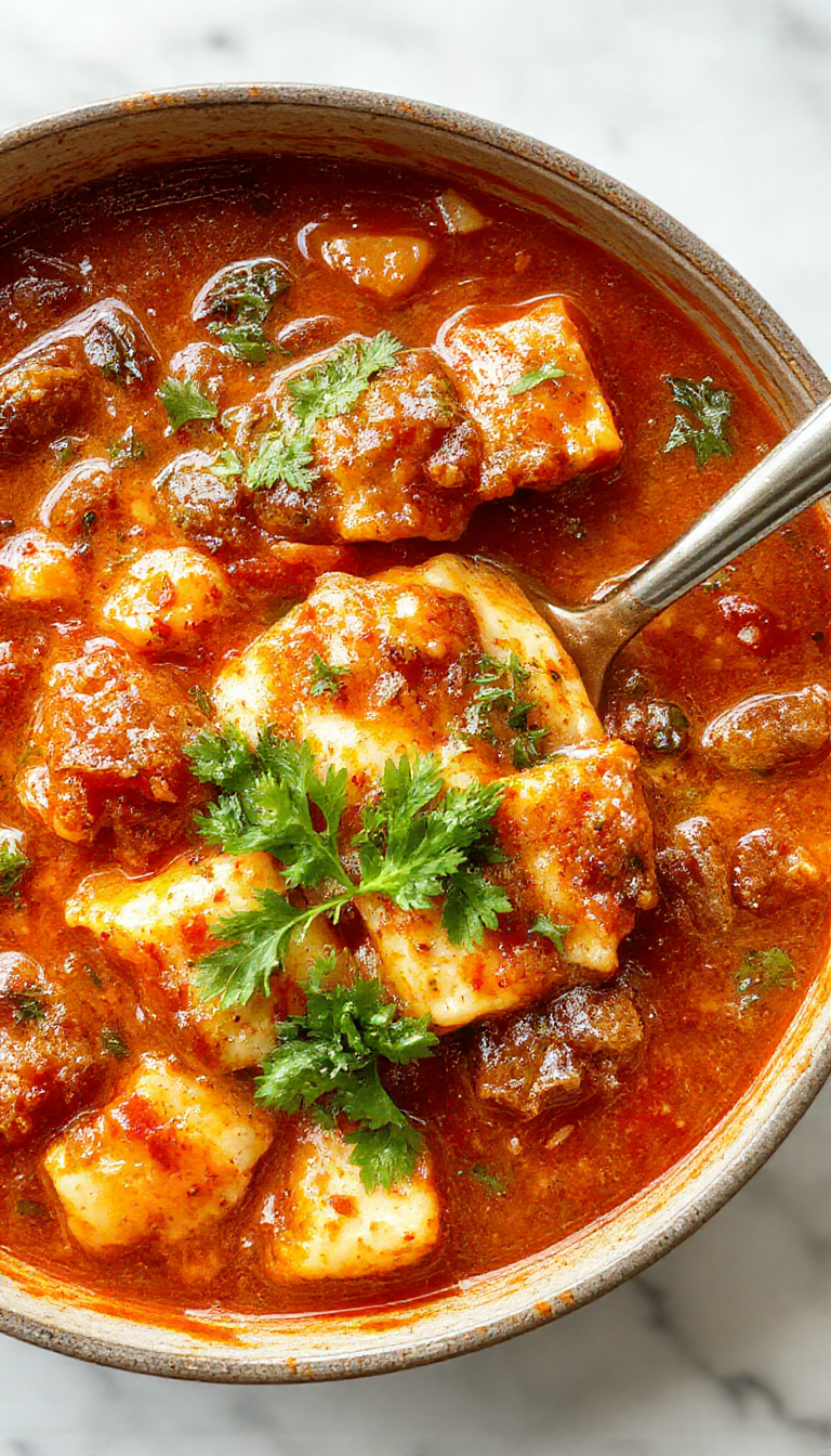 A steaming bowl of lasagna soup garnished with fresh basil, melted cheese, and a sprinkle of grated Parmesan, surrounded by layers of pasta, vegetables, and broth, with a rustic wooden table background.