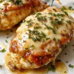 A golden-brown baked chicken Parmesan topped with melted cheese and marinara sauce, garnished with fresh basil, served on a white plate with a crispy breadcrumb crust