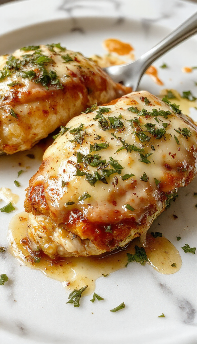 A golden-brown baked chicken Parmesan topped with melted cheese and marinara sauce, garnished with fresh basil, served on a white plate with a crispy breadcrumb crust