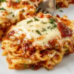 A golden-baked spaghetti casserole in a round baking dish topped with melted cheese and sprigs of fresh herbs. The dish shows strands of pasta cloaked in a creamy white sauce, with hints of tomato sauce visible at the edges, served alongside a fork and a side salad.