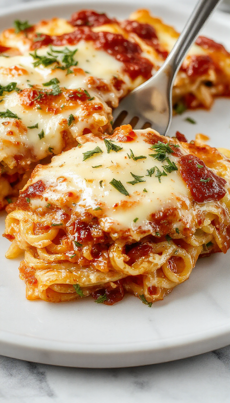 A golden-baked spaghetti casserole in a round baking dish topped with melted cheese and sprigs of fresh herbs. The dish shows strands of pasta cloaked in a creamy white sauce, with hints of tomato sauce visible at the edges, served alongside a fork and a side salad.