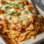 A baking dish filled with a creamy spaghetti casserole topped with melted golden cheese and sprinkled with fresh herbs. The spaghetti is coated in a rich white sauce with visible bits of cream cheese, garnished with chopped parsley. The casserole is presented on a rustic wooden table with a slice serving partially removed, revealing the cheesy interior.