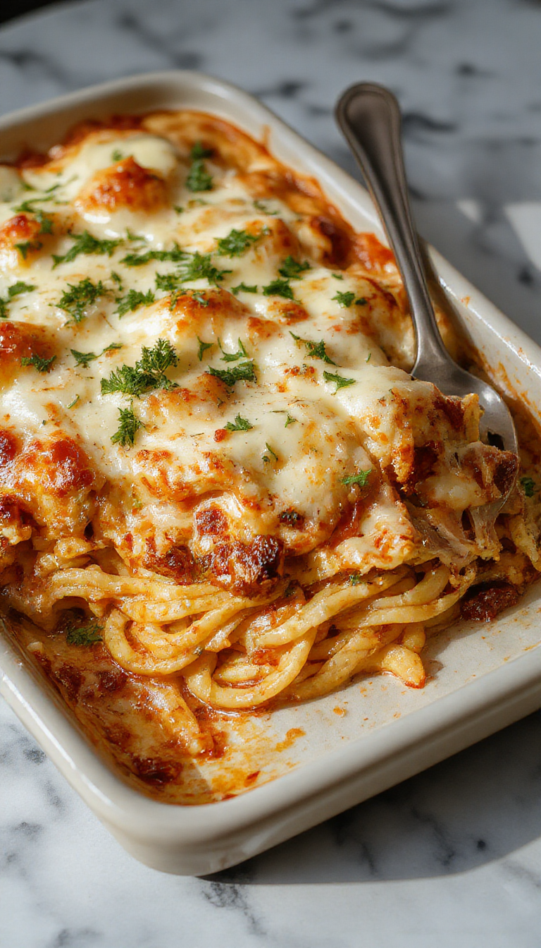A baking dish filled with a creamy spaghetti casserole topped with melted golden cheese and sprinkled with fresh herbs. The spaghetti is coated in a rich white sauce with visible bits of cream cheese, garnished with chopped parsley. The casserole is presented on a rustic wooden table with a slice serving partially removed, revealing the cheesy interior.