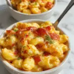 A golden-brown crusted baked mac and cheese dish served in a white ceramic baking dish. The top is bubbly and crispy with hints of melted cheese and breadcrumb topping, with steam rising gently. The creamy macaroni is visible along the edges, contrast of cheesy yellow and toasted topping with a rustic serving spoon nearby.