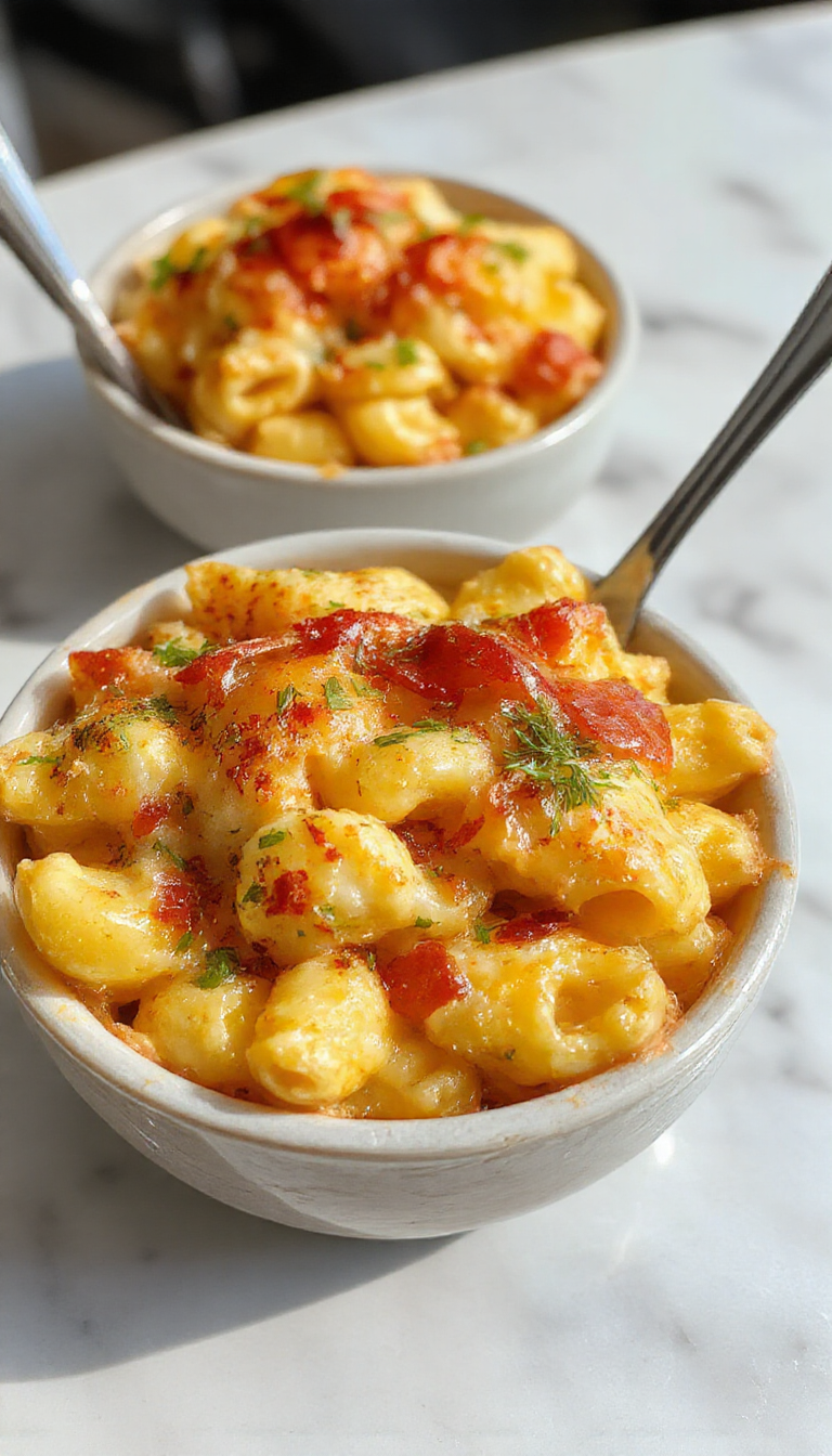 A golden-brown crusted baked mac and cheese dish served in a white ceramic baking dish. The top is bubbly and crispy with hints of melted cheese and breadcrumb topping, with steam rising gently. The creamy macaroni is visible along the edges, contrast of cheesy yellow and toasted topping with a rustic serving spoon nearby.