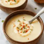 A steaming bowl of baked potato soup topped with shredded cheese, chopped green onions, and crispy bacon bits. The creamy, golden soup is served in a rustic white bowl with a silver spoon. In the background, there is a warm, cozy setting with a linen napkin and a wooden table surface, evoking comfort and homestyle appeal.