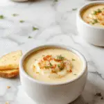 A creamy bowl of baked potato soup topped with shredded cheddar cheese, crispy bacon bits, chopped green onions, and a dollop of sour cream, set against a rustic wooden table with fresh herbs and a crusty bread slice on the side.