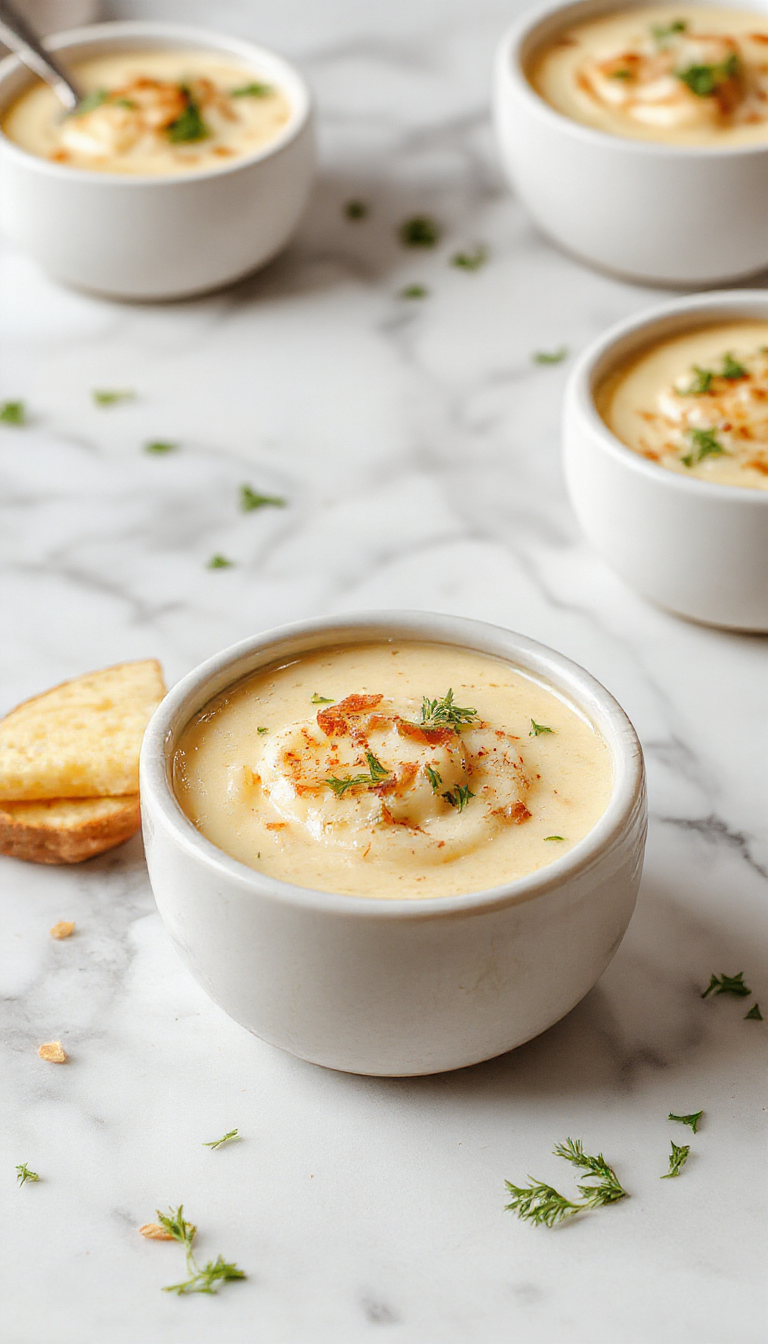 A creamy bowl of baked potato soup topped with shredded cheddar cheese, crispy bacon bits, chopped green onions, and a dollop of sour cream, set against a rustic wooden table with fresh herbs and a crusty bread slice on the side.