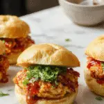 A stack of golden-brown chicken sliders arranged on a rustic wooden platter, topped with fresh lettuce, a dollop of creamy sauce, and a toasted slider bun with crispy edges. The sliders are garnished with colorful pickles and herbs, exuding an inviting and appetizing appearance.