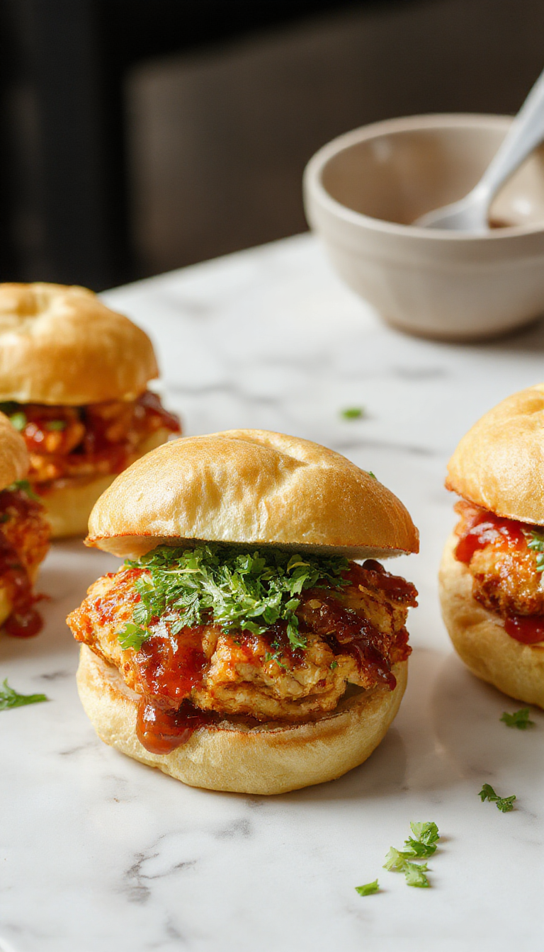 A stack of golden-brown chicken sliders arranged on a rustic wooden platter, topped with fresh lettuce, a dollop of creamy sauce, and a toasted slider bun with crispy edges. The sliders are garnished with colorful pickles and herbs, exuding an inviting and appetizing appearance.