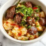A vibrant bell pepper filled with seasoned ground beef and fluffy white rice, topped with chopped green onions and sesame seeds, arranged on a rustic wooden plate with colorful vegetables surrounding it.