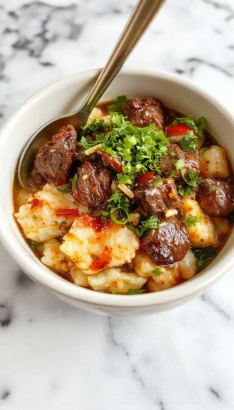 A vibrant bell pepper filled with seasoned ground beef and fluffy white rice, topped with chopped green onions and sesame seeds, arranged on a rustic wooden plate with colorful vegetables surrounding it.