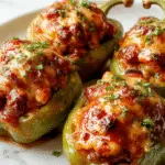 A close-up of three vibrant red and green stuffed bell peppers arranged on a white plate. The peppers are sliced open, revealing a hearty, seasoned ground beef and rice filling with melted cheese on top. The dish is garnished with fresh herbs and placed on a rustic wooden table, with a drizzle of tomato sauce around the peppers, emphasizing their saucy appearance.