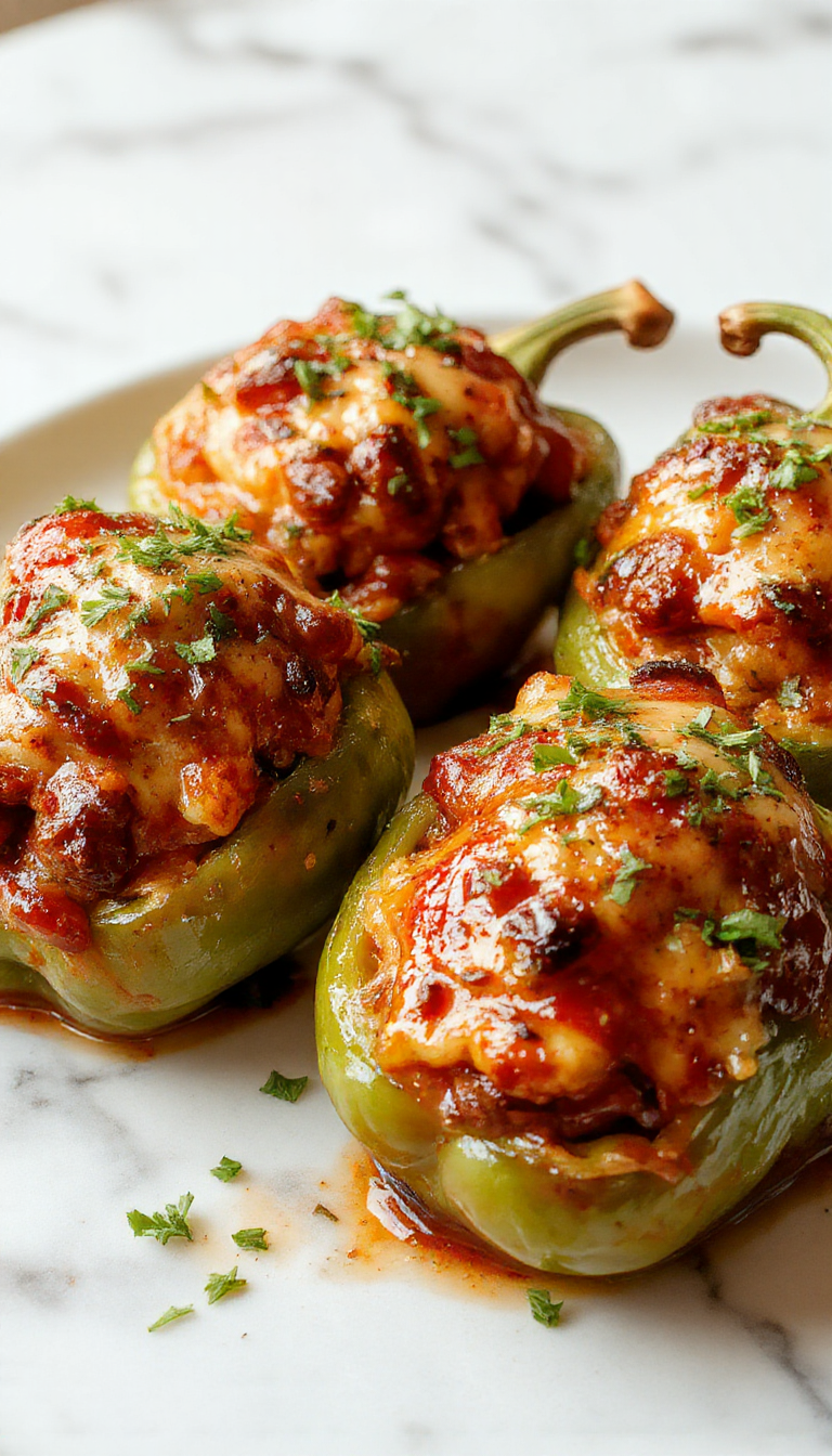 A close-up of three vibrant red and green stuffed bell peppers arranged on a white plate. The peppers are sliced open, revealing a hearty, seasoned ground beef and rice filling with melted cheese on top. The dish is garnished with fresh herbs and placed on a rustic wooden table, with a drizzle of tomato sauce around the peppers, emphasizing their saucy appearance.