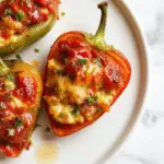 A close-up of a vibrant plate of stuffed bell peppers, filled with seasoned ground beef and rice, topped with melted cheese, and garnished with fresh herbs. The peppers are split open, revealing the savory filling inside, with a glossy, saucy appearance and a colorful mix of red, yellow, and green peppers arranged on a rustic plate.
