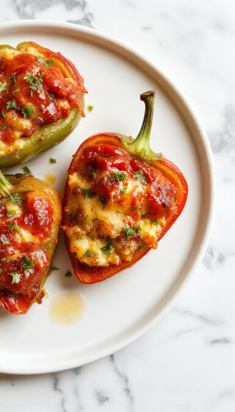 A close-up of a vibrant plate of stuffed bell peppers, filled with seasoned ground beef and rice, topped with melted cheese, and garnished with fresh herbs. The peppers are split open, revealing the savory filling inside, with a glossy, saucy appearance and a colorful mix of red, yellow, and green peppers arranged on a rustic plate.