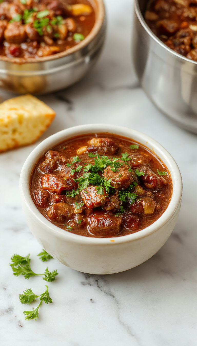 A hearty bowl of ground beef chili topped with shredded cheese and fresh chopped cilantro, served in a rustic ceramic bowl on a wooden table with a side of cornbread. The rich red chili is thick, with visible chunks of ground beef, beans, and vibrant spices, creating an inviting and warm presentation.