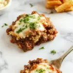 A golden-brown casserole dish topped with crispy hashbrowns, melted cheese, and chunks of seasoned ground beef, garnished with fresh herbs, presented on a rustic wooden table
