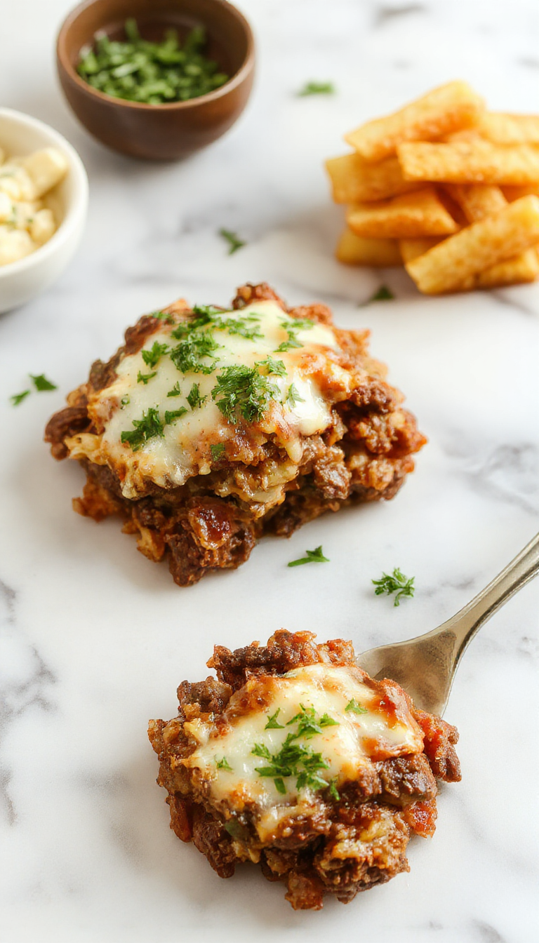 A golden-brown casserole dish topped with crispy hashbrowns, melted cheese, and chunks of seasoned ground beef, garnished with fresh herbs, presented on a rustic wooden table