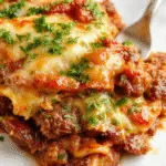 A golden-brown baked casserole dish filled with shredded hashbrowns, ground beef, and melted cheese, topped with fresh herbs and served in a rustic oven-safe dish, with a crispy, cheesy crust visible on top.