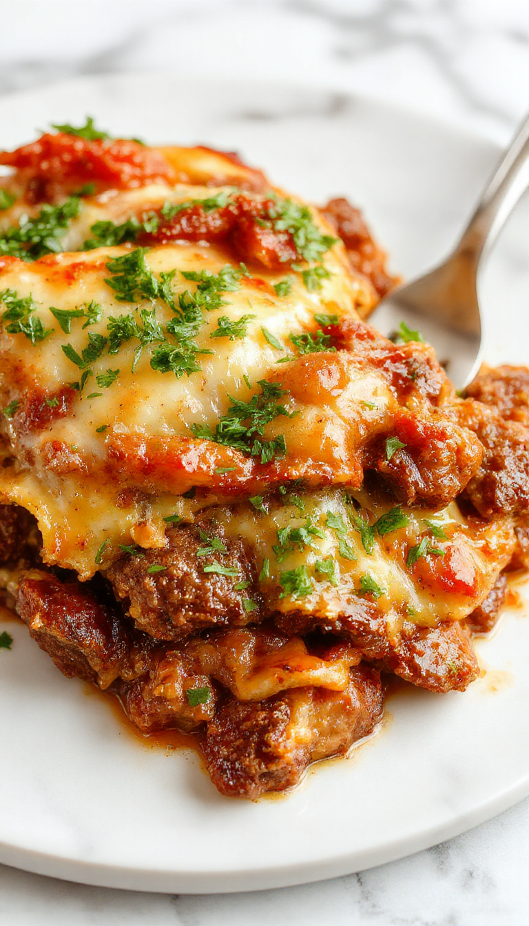 A golden-brown baked casserole dish filled with shredded hashbrowns, ground beef, and melted cheese, topped with fresh herbs and served in a rustic oven-safe dish, with a crispy, cheesy crust visible on top.