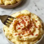 A bowl of creamy, fluffy mashed potatoes topped with a pat of melting butter and a sprinkle of fresh herbs, served on a rustic wooden table with a spoon beside the bowl and soft, warm lighting highlighting the smooth texture.