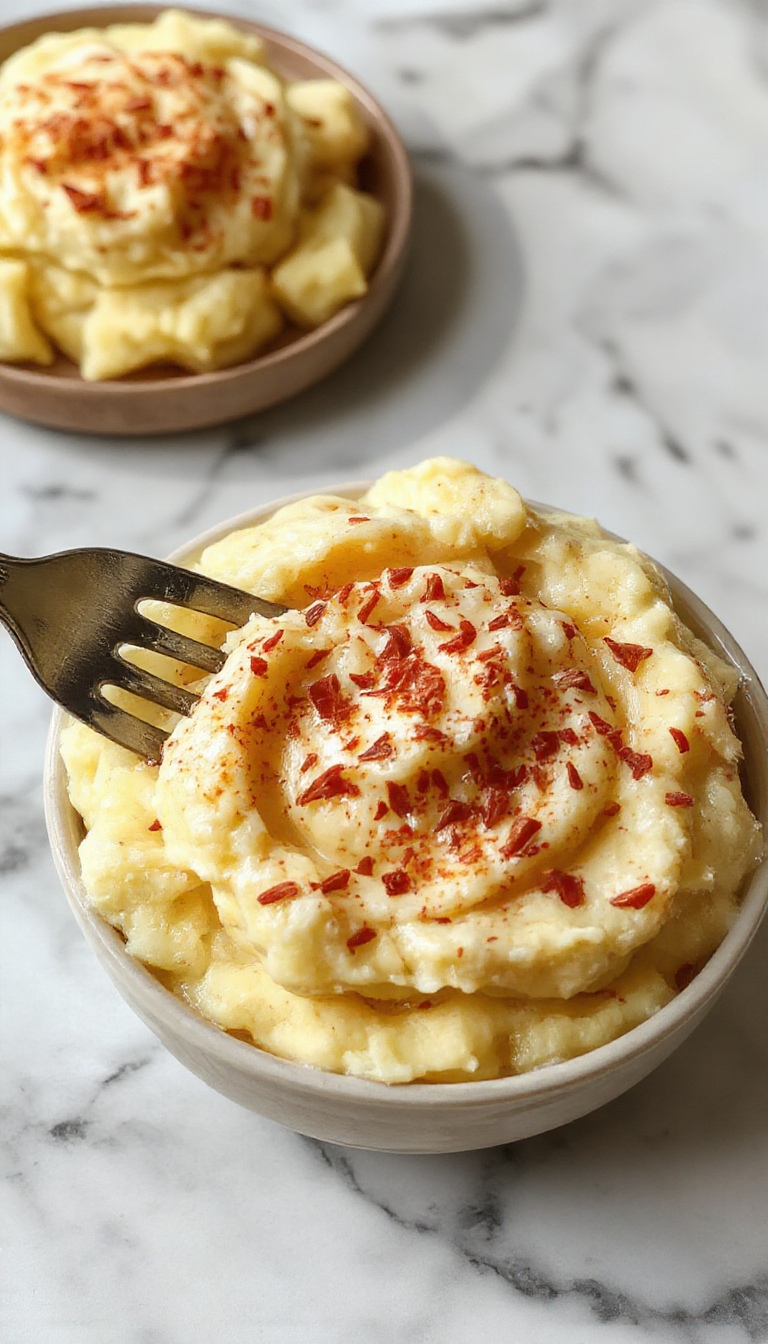 A bowl of creamy, fluffy mashed potatoes topped with a pat of melting butter and a sprinkle of fresh herbs, served on a rustic wooden table with a spoon beside the bowl and soft, warm lighting highlighting the smooth texture.