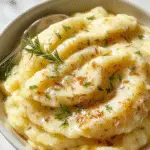 A creamy mound of rosemary garlic mashed potatoes topped with a sprig of fresh rosemary and a drizzle of olive oil, served in a rustic white ceramic bowl on a wooden table with scattered fresh herbs and garlic cloves around.
