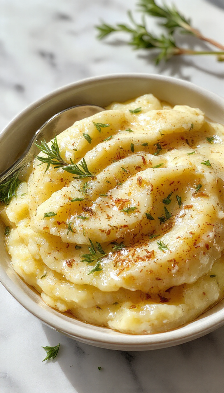 A creamy mound of rosemary garlic mashed potatoes topped with a sprig of fresh rosemary and a drizzle of olive oil, served in a rustic white ceramic bowl on a wooden table with scattered fresh herbs and garlic cloves around.