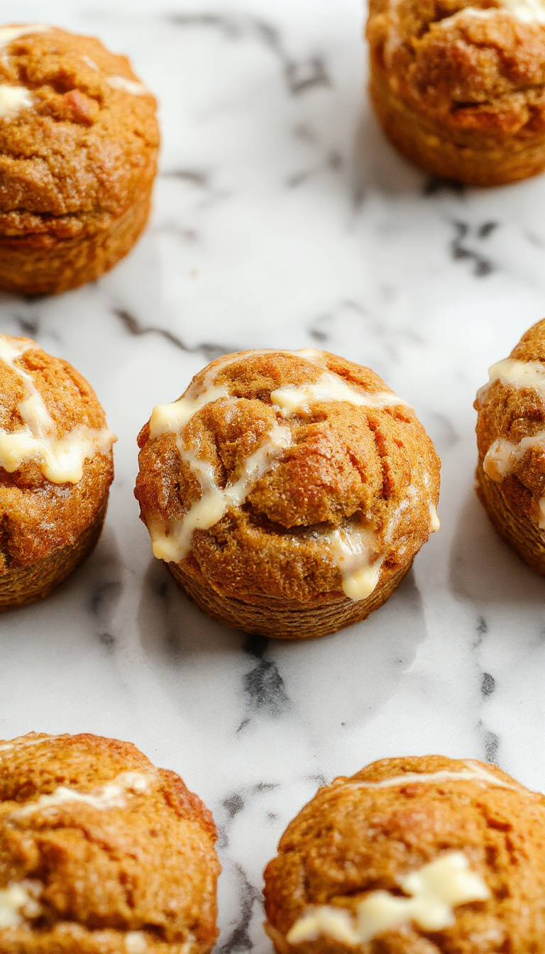A close-up of a freshly baked pumpkin cream cheese muffin with a golden-brown top and a swirl of cream cheese filling visible at the center, placed on a rustic wooden surface with a few pumpkin puree dollops and cinnamon sprinkled around, highlighting the muffinβs moist texture and inviting aroma.
