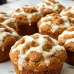 A close-up of a freshly baked pumpkin cream cheese muffin on a rustic wooden plate. The muffin has a golden-brown top with visible swirls of creamy white filling and a sprinkle of powdered sugar. Surrounding it are small pumpkin seeds and a few chopped pecans, with a blurred autumn-themed background including warm tones of orange and brown.