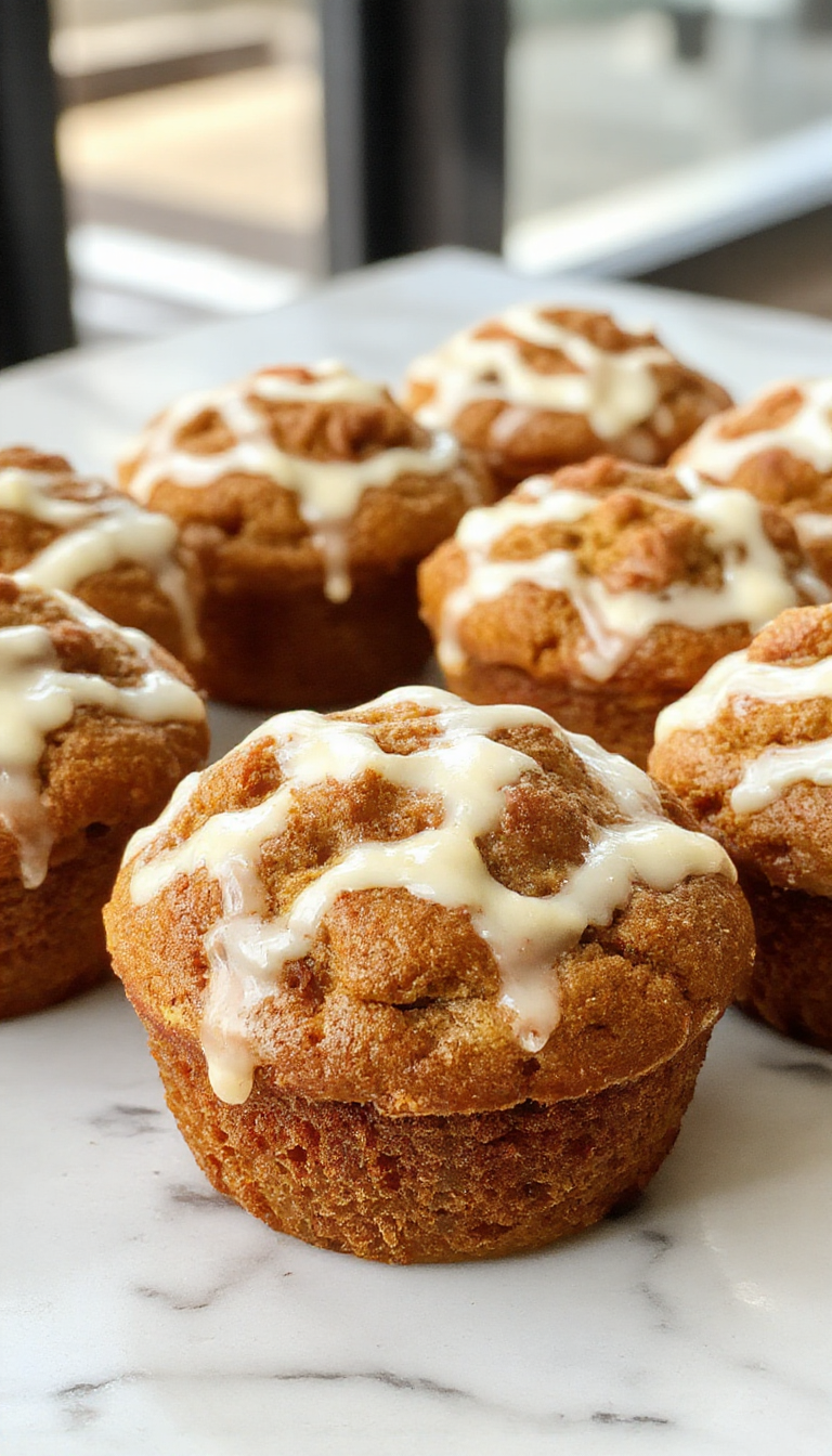 A close-up of a freshly baked pumpkin cream cheese muffin on a rustic wooden plate. The muffin has a golden-brown top with visible swirls of creamy white filling and a sprinkle of powdered sugar. Surrounding it are small pumpkin seeds and a few chopped pecans, with a blurred autumn-themed background including warm tones of orange and brown.