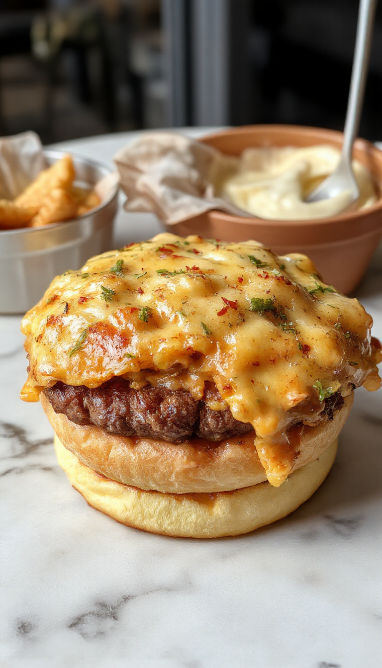 A hearty Big Mac Casserole plated in a ceramic dish featuring layers of seasoned ground beef, melted cheese, and a drizzle of special sauce, garnished with chopped lettuce and diced tomatoes around the edges, with a side of crispy golden fries in the background.