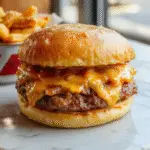 A baked Big Mac Casserole layered in a round dish, topped with melted cheese and crispy breadcrumbs. The casserole showcases a golden-brown crust with visible layers of seasoned ground beef, pickles, and special sauce. The dish is served alongside fresh greens on a rustic wooden table.