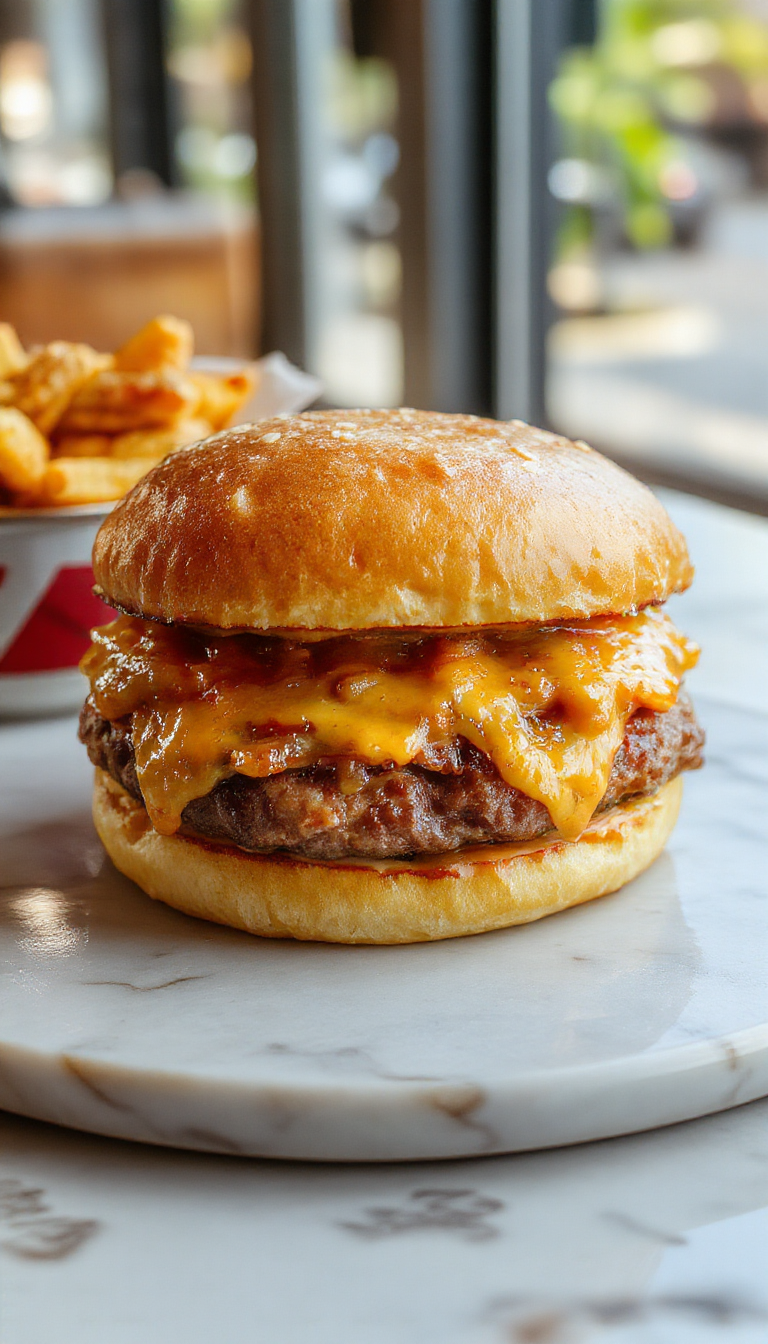 A baked Big Mac Casserole layered in a round dish, topped with melted cheese and crispy breadcrumbs. The casserole showcases a golden-brown crust with visible layers of seasoned ground beef, pickles, and special sauce. The dish is served alongside fresh greens on a rustic wooden table.