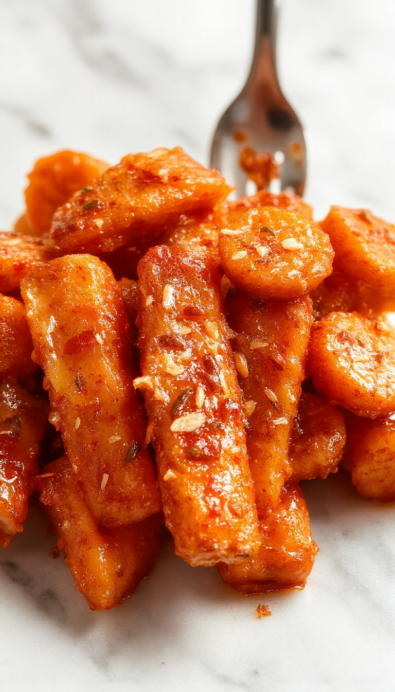 A close-up of a glossy, caramelized batch of candied carrots served on a rustic white plate. The carrots are vibrant orange, coated with a shiny brown sugar glaze, with some caramelized edges visible. The presentation is simple yet appetizing, highlighting the texture and richness of the candied carrots.