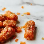 A close-up of a glossy bowl of candied carrots with vibrant orange hues, topped with a caramelized glaze and sprinkled with a hint of brown sugar, presented on a rustic wooden platter with fresh green herbs around.