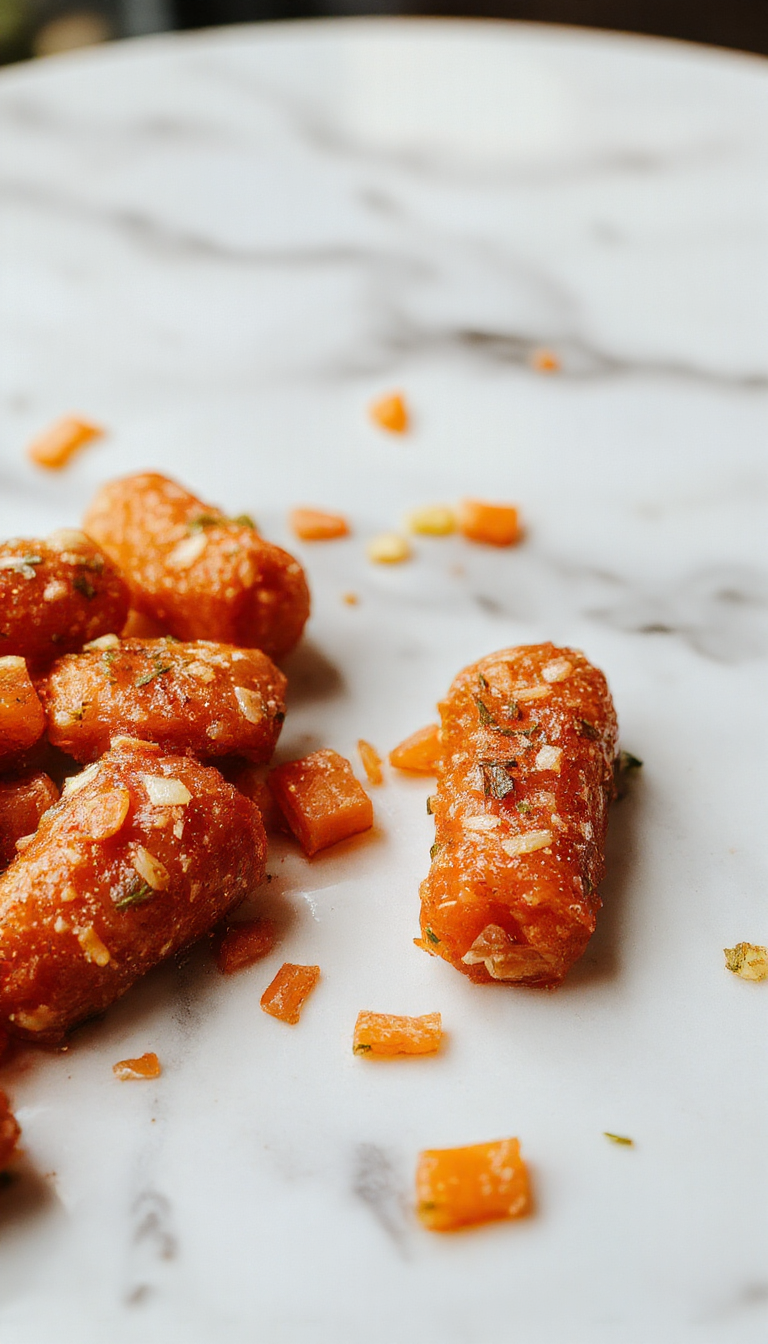 A close-up of a glossy bowl of candied carrots with vibrant orange hues, topped with a caramelized glaze and sprinkled with a hint of brown sugar, presented on a rustic wooden platter with fresh green herbs around.