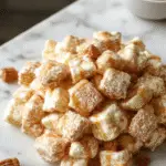 A vibrant bowl of Caramel Apple Puppy Chow featuring golden caramel-coated cereal pieces sprinkled with chopped green and red apple candies. The bowl is styled on a rustic wooden surface with some spilled puppy chow around, emphasizing its crunchy texture and festive fall colors. Fresh apple slices and a drizzle of caramel add to the inviting presentation.