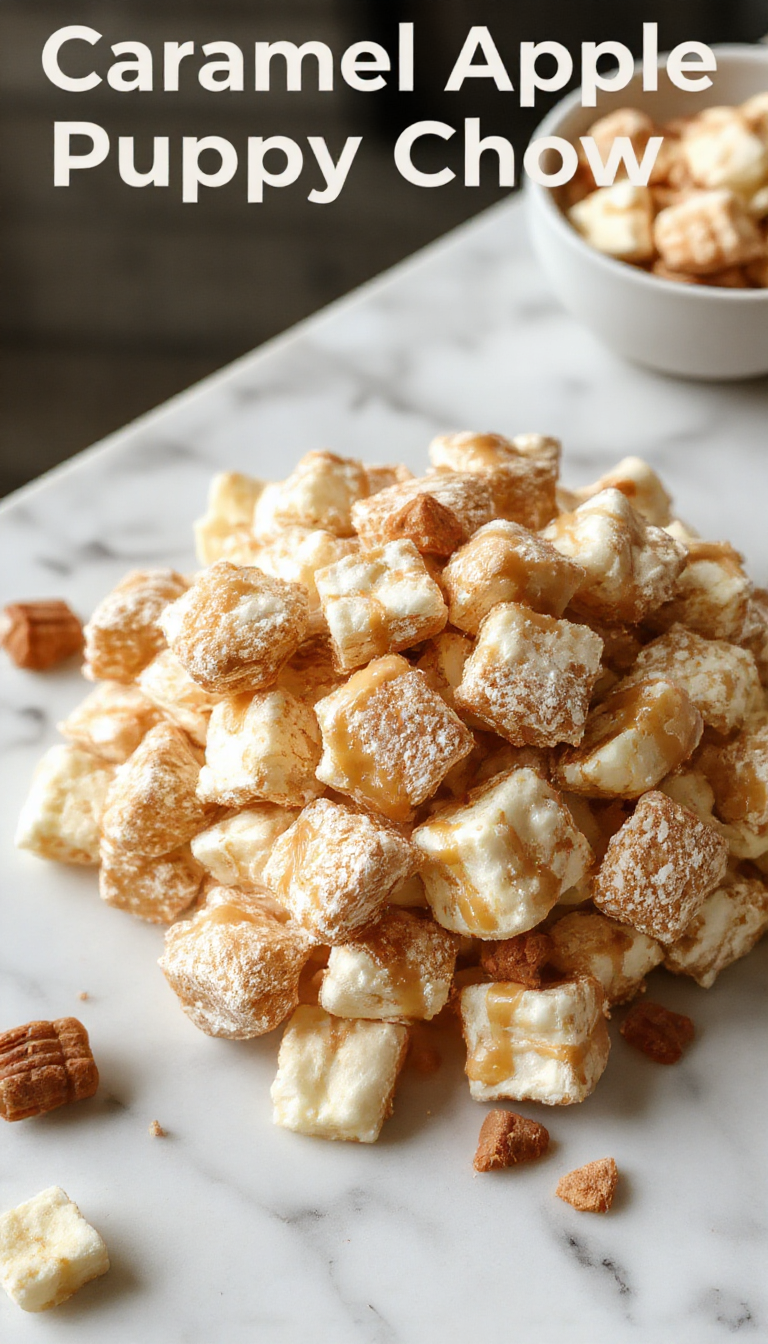 A vibrant bowl of Caramel Apple Puppy Chow featuring golden caramel-coated cereal pieces sprinkled with chopped green and red apple candies. The bowl is styled on a rustic wooden surface with some spilled puppy chow around, emphasizing its crunchy texture and festive fall colors. Fresh apple slices and a drizzle of caramel add to the inviting presentation.