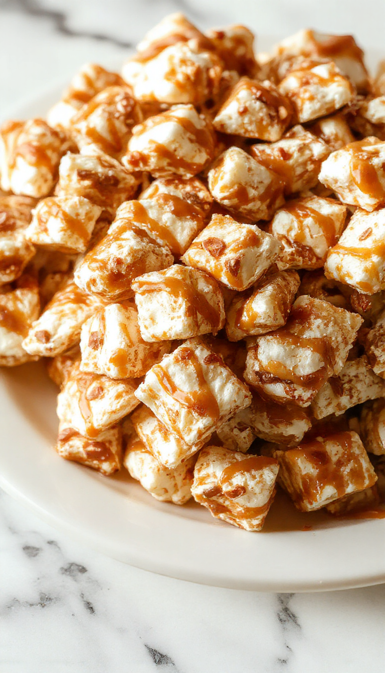 A vibrant bowl of caramel apple puppy chow sits on a rustic wooden table, featuring a colorful mix of coated cereal pieces sprinkled with bits of crushed cookies and green apple bits. The snack looks glossy with caramel and apple glaze, with a few pieces scattered around the bowl for a tempting display.