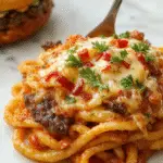 A vibrant, close-up shot of a warm serving of cheeseburger pasta on a rustic plate. The pasta is coated in a creamy, cheesy sauce with visible chunks of seasoned ground beef and melted cheddar cheese on top. Garnished with chopped fresh parsley, the dish showcases a rich, golden-brown crust with hints of tomato and onion bits mingling in the sauce. The background features a wooden table and a fork poised to take a bite, evoking a cozy, inviting meal setting.