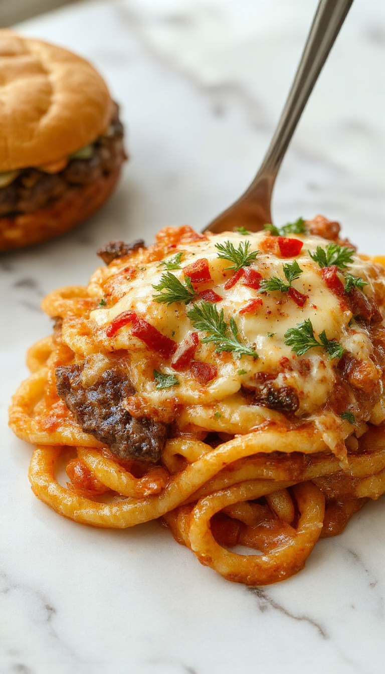 A vibrant, close-up shot of a warm serving of cheeseburger pasta on a rustic plate. The pasta is coated in a creamy, cheesy sauce with visible chunks of seasoned ground beef and melted cheddar cheese on top. Garnished with chopped fresh parsley, the dish showcases a rich, golden-brown crust with hints of tomato and onion bits mingling in the sauce. The background features a wooden table and a fork poised to take a bite, evoking a cozy, inviting meal setting.