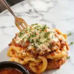 A close-up of a flavorful cheeseburger pasta dish featuring tender pasta coated in a creamy, cheesy sauce with melted cheddar cheese, topped with freshly chopped dill pickles and crumbled cooked ground beef. The dish is served in a rustic white bowl, garnished with a sprinkle of chopped parsley, with a backdrop of a wooden table and a side of toasted garlic bread.