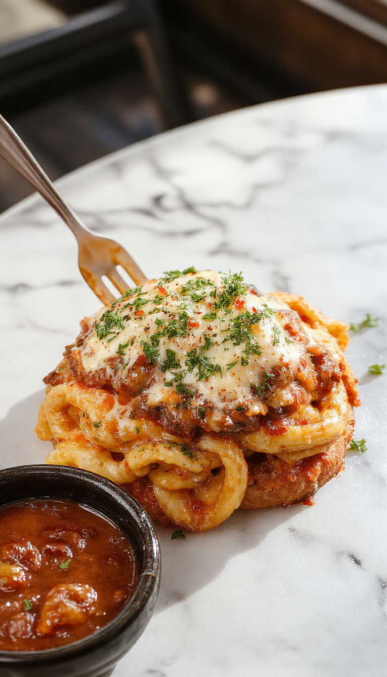 A close-up of a flavorful cheeseburger pasta dish featuring tender pasta coated in a creamy, cheesy sauce with melted cheddar cheese, topped with freshly chopped dill pickles and crumbled cooked ground beef. The dish is served in a rustic white bowl, garnished with a sprinkle of chopped parsley, with a backdrop of a wooden table and a side of toasted garlic bread.