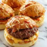 A close-up shot of a plate of cheeseburger sliders with golden-brown buns, melted cheese, fresh lettuce, tomato slices, and pickles, arranged neatly on a rustic wooden platter, with a few sliders slightly overlapping, showcasing the juicy, cheesy filling and vibrant toppings.