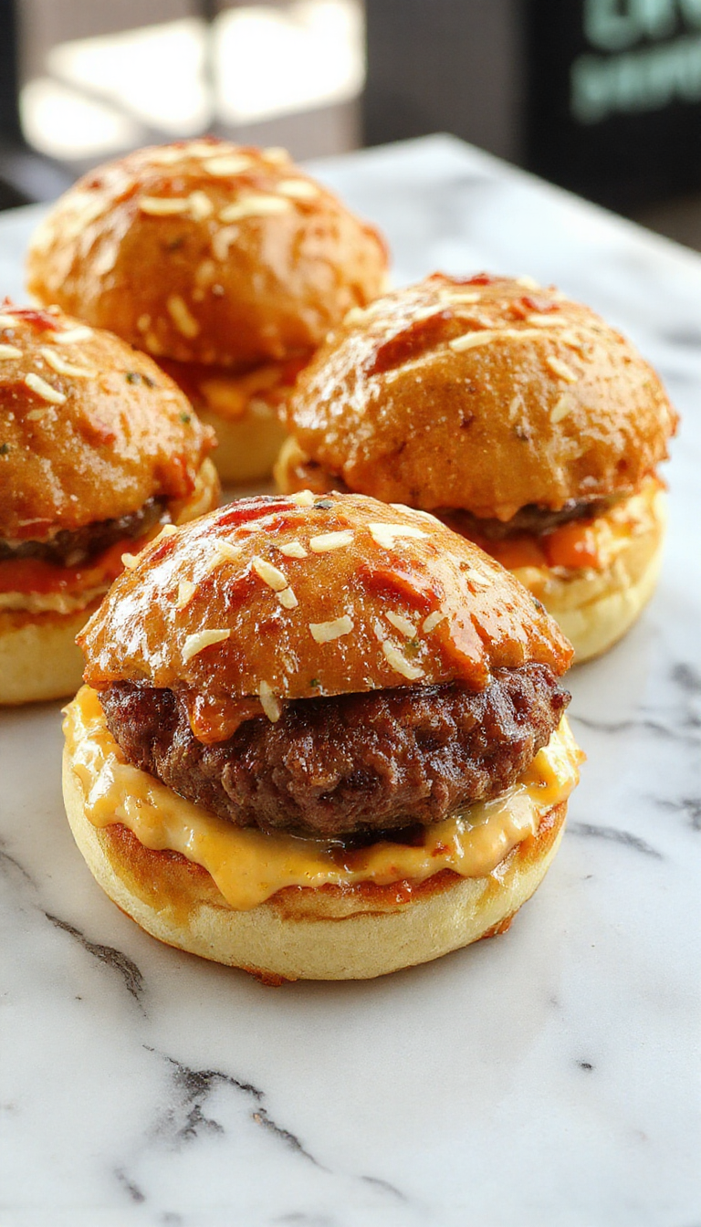 A close-up shot of a plate of cheeseburger sliders with golden-brown buns, melted cheese, fresh lettuce, tomato slices, and pickles, arranged neatly on a rustic wooden platter, with a few sliders slightly overlapping, showcasing the juicy, cheesy filling and vibrant toppings.