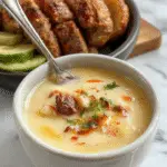 A steaming bowl of Cheesesteak Potato Soup featuring a creamy base with chunks of tender beef, melted cheddar cheese, and diced potatoes. Garnished with fresh chopped green onions and served with a crusty bread slice on the side, the soup has a rich, hearty appearance with a golden-brown cheesy topping and vibrant green accents.