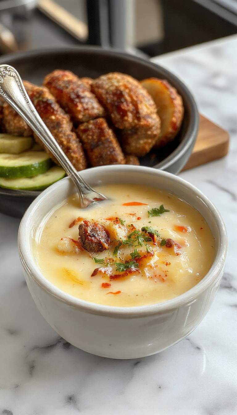 A steaming bowl of Cheesesteak Potato Soup featuring a creamy base with chunks of tender beef, melted cheddar cheese, and diced potatoes. Garnished with fresh chopped green onions and served with a crusty bread slice on the side, the soup has a rich, hearty appearance with a golden-brown cheesy topping and vibrant green accents.